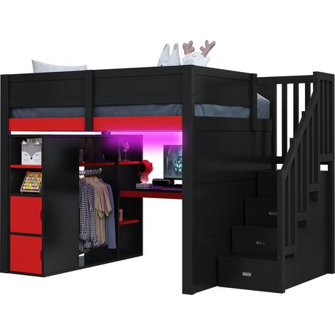 Lit mezzanine bois MDF/contreplaqué noir et rouge 140x200 cm avec bureau, LED, USB et escalier rangement (1/5)