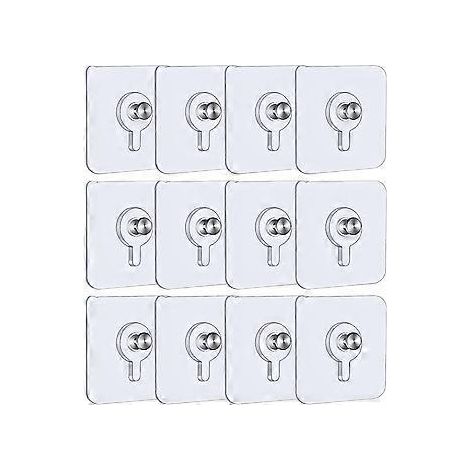 12 selbstklebende Bilderhaken (5,5 x 5,5 cm) zur Wandmontage ohne Bohren mit abnehmbaren Schrauben, transparente Klebehaken für Fotos