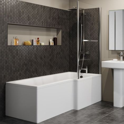 L Shaped 1700mm Shower Bath Acrylic Modern Bathtub - Right Hand with Glass Bathscreen (1/4)