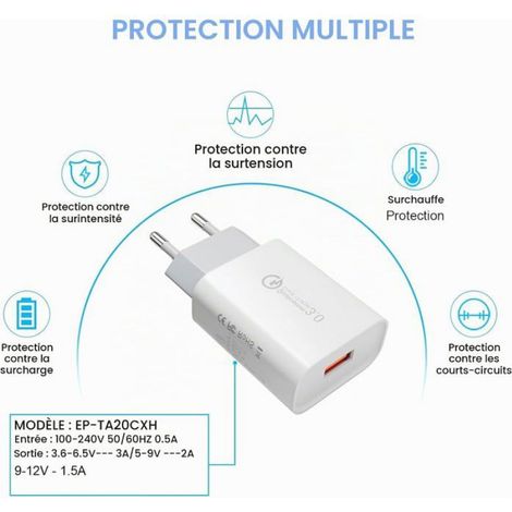Chargeur Usb, Quick Charge 3.0 Chargeur Rapide Adaptateur Secteur 3A Prise Secteur Usb Pour Samsung Galaxy S23/S22/S21/S20/S10/S9/ (1/5)
