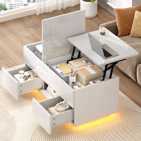 Table basse relevable 100 x 45 x 43 cm avec 2 tiroirs et rangement caché, finition blanc brillant, LED, table de salon multifonction (1/5)