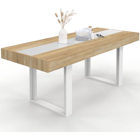Idmarket – Table à manger extensible rectangle 4-8 personnes – Bois clair et blanc – Longueur 160-200 cm – Style industriel moderne (1/5)