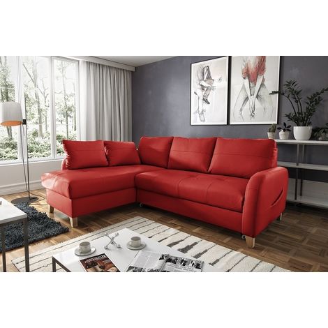 Canapé d'angle convertible en cuir de luxe italien , 5 places CONFORIA, rouge foncé, angle gauche (1/5)