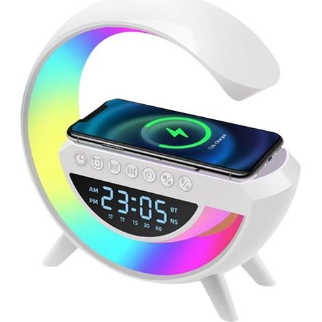 G-förmiger Bluetooth-Lautsprecher mit kabelloser Aufladung, Wecker und 13 Beleuchtungsmodi für den Heim- oder Bürogebrauch