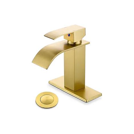 Mitigeur lavabo monotrou doré, robinet cascade eau chaude froide, finition or, pour salle de bain moderne (1/4)