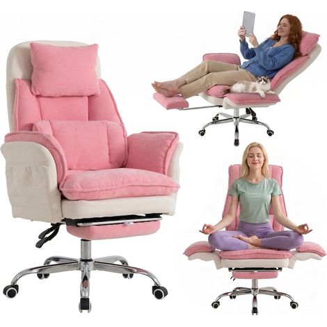 UEV Chaise de Bureau en Chenille 226 kg, Accoudoirs Relevables, Coussin de Tête et Lombaire Interchangeables, Adapté aux Animaux de Compagnie, Inclinable 90°‑180°, 76x70 x109-117cm, Rose et Beige