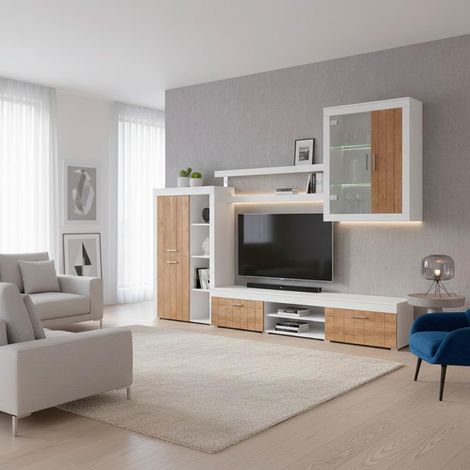Parete Attrezzata Da Soggiorno Salotto Moderna Con Ante Mensole Vani A Giorno Vetrinetta Mobile TV Design Moderno Moduli Sospesi 293 x 193 x 50 Cm Bianco E Noce - Colore: Bianco e Noce (1/5)