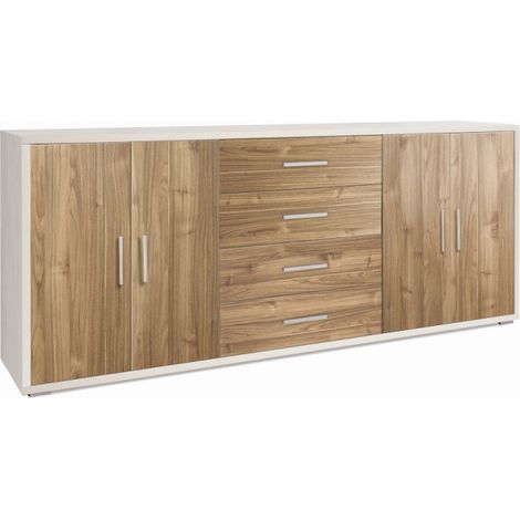Mueble móvil con 4 puertas y 4 cajones, 203L x 41P x h84 – Acabado blanco mate y madera de nogal – Sarmog