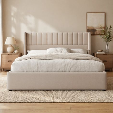 Cama con canapé 160x200 cm hidráulica, cama doble tapizada en lino, beige HAVRYA (1/5)