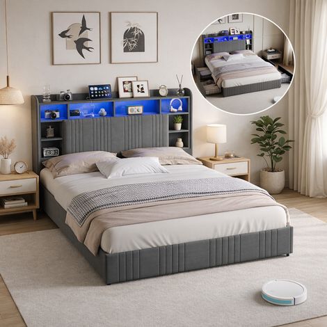 Lit adulte 160x200 cm avec sommier, Lit capitonné avec LED et USB, 4 tiroirs, Tête de lit avec rangement, 2 Personnes, lin, gris (1/5)