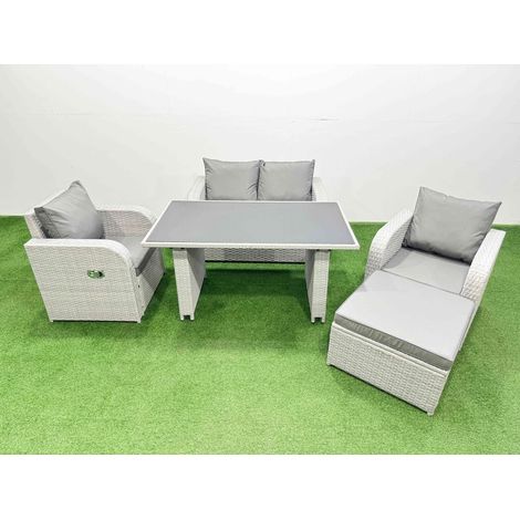 Fimous Outdoor Rattan Garden Furniture Dining Set 5-seater Patio Rectangular Table Love Sofa Reclining Chair Set with Big Stool (1/4)