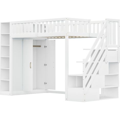 Letto a soppalco multifunzione 90x200 cm con scaffali, armadio e scala di sicurezza, bianco (1/5)