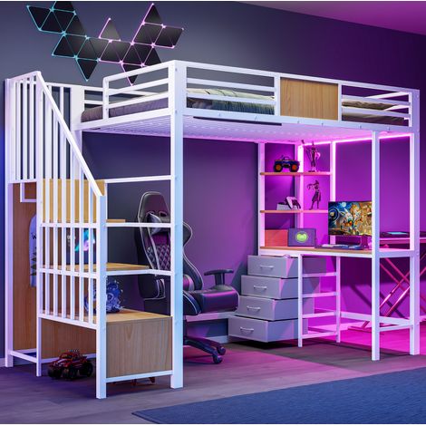 Cama alta metálica 90x200 con escritorio, estantes, barra de ropa, LED y enchufe OKWISH (1/5)