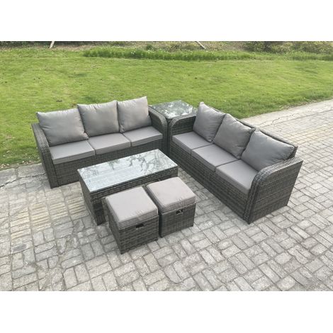 Fimous Outdoor Lounge Sofa Set Rattan Garden Furniture Set with Rectangular Coffee Table 2 Small Footstools 3 Seater Sofa Side Table Dark Grey Mixed (1/5)