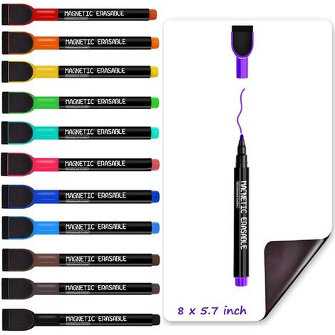 Marqueurs pour tableau blanc - Pointe fine magnétique - 12 couleurs avec capuchon effaceur - Pour tableau blanc, réfrigérateur et calendrier - Faible Geur - Pour Enfants et enseignants - Multicolore - (1/5)