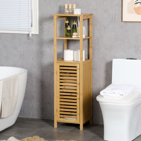 Mueble de baño columna de bambú natural, estilo natural, 1 puerta, 2 estantes abiertos, baldas regulables, 32,9 x 29,9 x 120 cm (1/5)