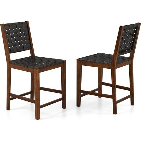 Set of 2 Bar Stools Woven Counter Height Chairs w/ Faux PU Leather Straps 24” (1/5)
