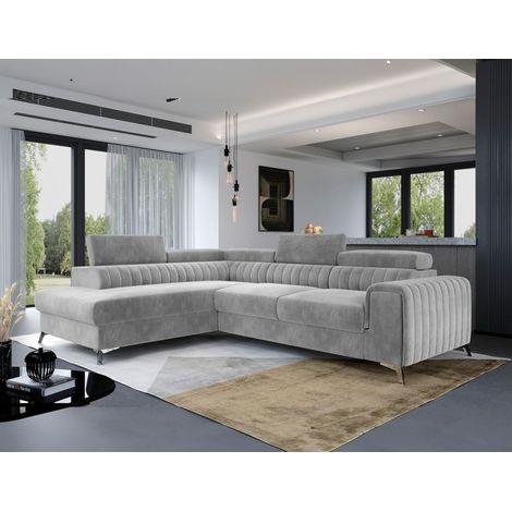 Ecksofa mit Schlaffunktion Sofa ELENI Stoff Paros Hellgrau Ottomane Links (1/4)