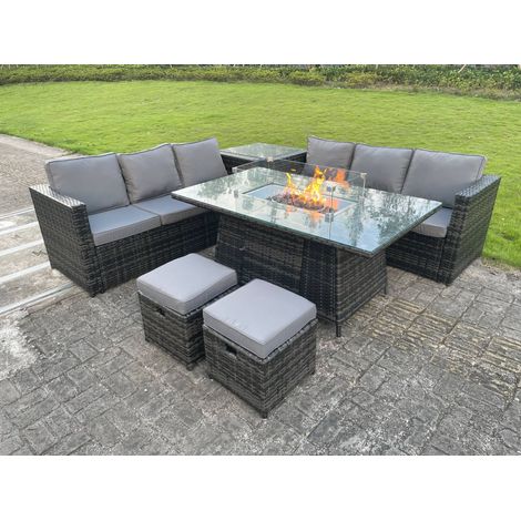 Fimous 8 Seater Outdoor Rattan Garden Furniture Gas Fire Pit Table Sets Gas Heater Lounge Dark Grey Footstool (1/5)