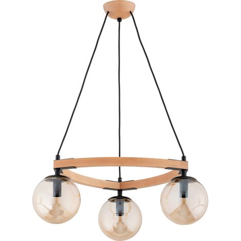 Alfa ADINA Wooden Pendant Ceiling Light 3x E14 10W, 3-Light Chandelier with Gold Glass Globes, Black Metal & Light Wood, 52cm W52cm H80cm for Living Room & Dining Room