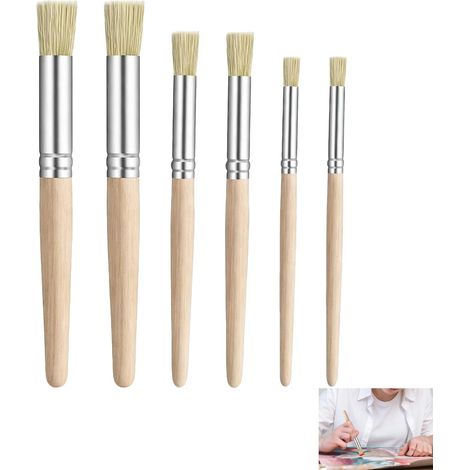 Lot de 6 Pinceau à Pochoir, Pinceau Ronds Soies de Porc Naturels avec Manche Bois pour Peinture Artistique, Stenciling et Estompage, Compatible Acrylique Aquarelle Huile DIY Décoration (1/5)