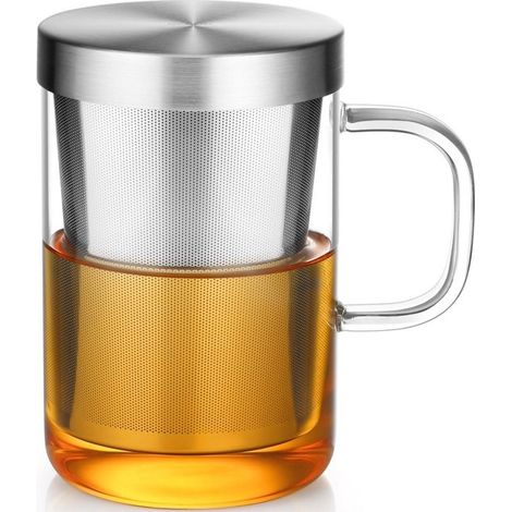 Taza de té de cristal con colador de acero inoxidable y tapa de bambú - 500 ml (1/5)