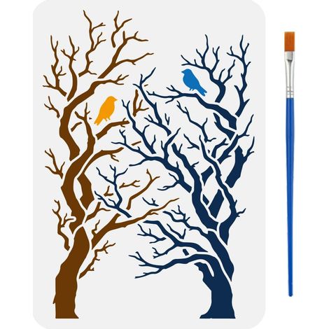 Pochoirs de Branches Entrelacées avec un Pinceau 29,7x21cm Pochoirs de Peinture d'Oiseaux Pochoir Arbre Mort PET Thèmes Plantes Gabarit PET pour Bois Sol Carrelage Mur Tissu Meuble DIY (1/5)