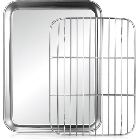 Plat Inox Rectangulaire, Plaque Inox Cuisine avec Grille Patisserie Refroidissement, Plaque Patisserie Four, Grille de Refroidissement Patisseries, ustensiles de cuisine (23,7 x 17,7 x 3 cm) (1/5)