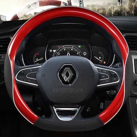 Housse de volant en cuir (forme D rouge) compatible avec Renault Scenic, Clio, Laguna 2, 3, 4, 5, Kangoo, Fluence, Megane, Trafic, Talisman, Twingo et Kaptur. (1/5)