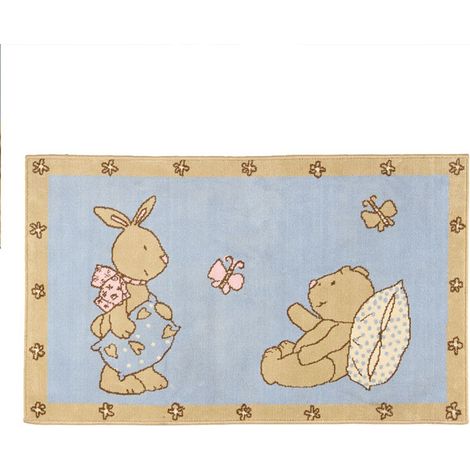 OURSON - Tapis enfant petit ourson et lapin bleu et beige 60x100 (1/2)