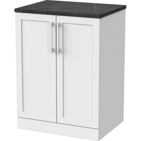 Stonnall Traditional Floor Standing 2 Door Vanity Unit with Black Pietra Marble Laminate Worktop, 600mm, Matt White (1/3)