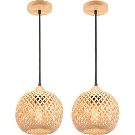royaluxe- 2X Φ20CM Suspension Luminaire Moderne Suspension En Bambou Tissage Abat-Jour En Bambou Lampe De Plafond Vintage Pour Restaurant, Salon, Cuisine, Café