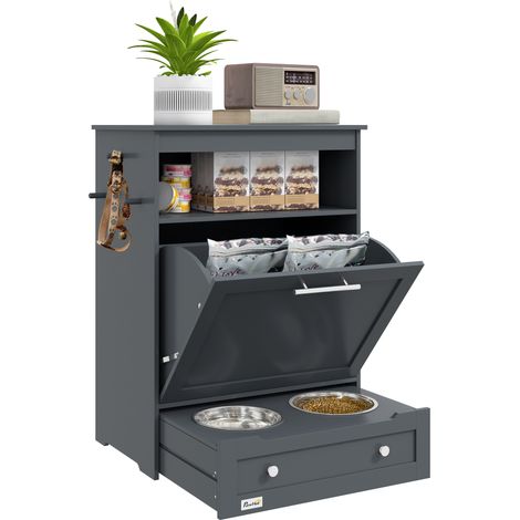 PawHut Pet Feeder Station, Dog Cat Food Storage Feeding Station, Food Cabinet Grey