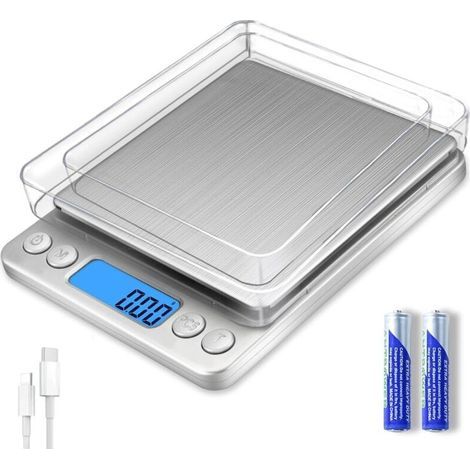Balance numérique de cuisine 500 g/0,01 g, précision 0,01 g, argentée, poids en grammes et en onces, pour bijoux, haute précision, avec chargeur, piles et câble USB inclus. (1/5)