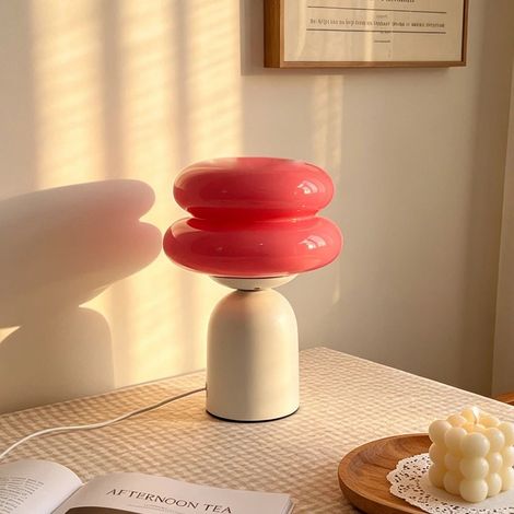 Lampe de Table en Verre en Forme de Hamburger, Design Nordique Minimaliste, 3 Couleurs de Lumière, USB, Chambre et Salon, Blanc et rose (1/5)