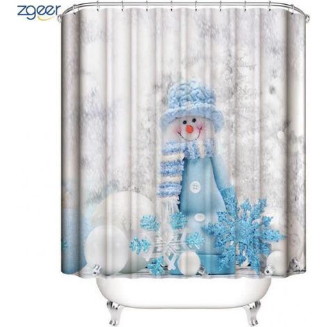Noël Rideaux de Douche 150X180CM Bonhomme de neige chapeau bleu,Imperméable Polyester Anti Moule Salle de Bain Décor (1/5)