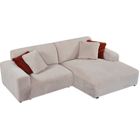 Vente-Unique – Canapé d'angle droit 4 places en velours côtelé beige – Garnissage plumes et mousse – Confort moelleux – Structure bois – Dimensions 254x161x80 cm (1/5)