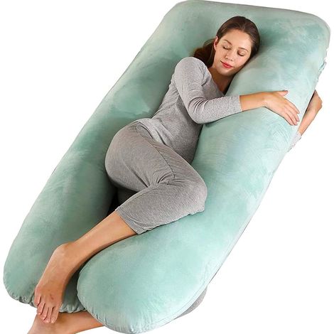 Coussin de grossesse, adapté aux femmes enceintes, coussin intégral en forme de U, soutien des hanches, des jambes, du dos et du ventre (velours cristal vert d'eau en forme de U)-AquaForge (1/5)