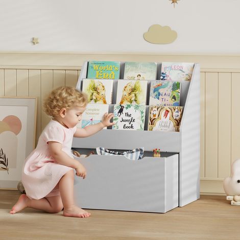 Bibliothèque pour enfants Multi-Rangement avec 3 niveaux d'étagères et un tiroir, 62,5L x 30l x 70H cm, gris (1/5)