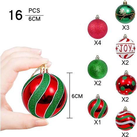 Confezione da 16 decorazioni per l'albero di Natale infrangibili, da appendere all'albero di Natale (16 palline) - Design con elfo rosso, verde e bianco (1/4)