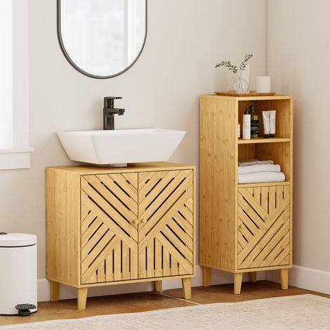 Mobiletto sottolavabo in bambù con 2 ante a doghe e ripiano regolabile per lavabo senza colonna, 60x30x60 cm, colore naturale.