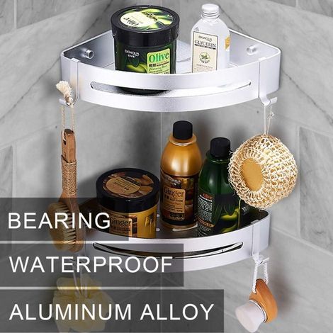 Eckduschregal, Badezimmerregal ohne Bohren, Duschkorb, wandmontiertes Duschregal aus Aluminium, zweiteilige Aufbewahrungsbox, silber (1/4)