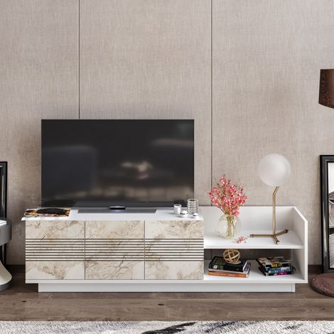 Decorotika Viano 167 Cm Modern Meuble TV TV Cabinet TV Console Meuble TV With 2 Cabinets Open Shelves - Blanc Marble Effect And Blanc (1/4)