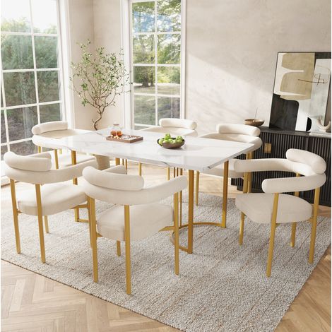 Esstischset (140x80x75 cm), modernes Metallgestell, samtbezogene Stühle, Eisen, beige und goldfarben (1/5)