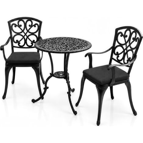 Homeology VIVALDI Black 3-Piece Cast Aluminium Garden Bistro Set - Rust-Proof Round Table with Parasol Hole & 2 Generously Sized Armchairs - with Black Cushions (1/5)