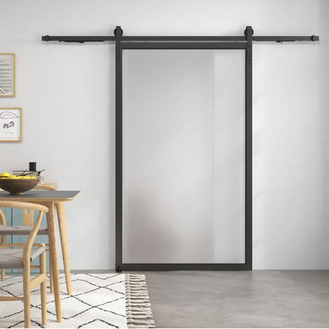 Kit de rail pour porte coulissante 244 cm en acier noir avec roulettes, butées et guide au sol (1/5)