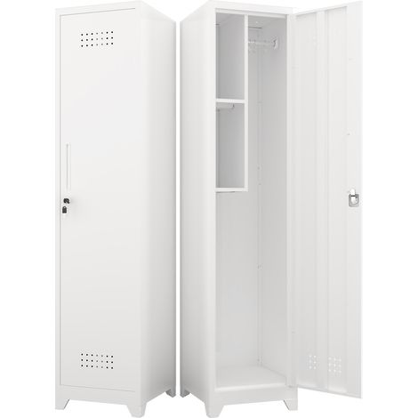 Armadio stretto in metallo bianco con chiusura, ripiani e barra appendiabiti, 165 cm (1/5)