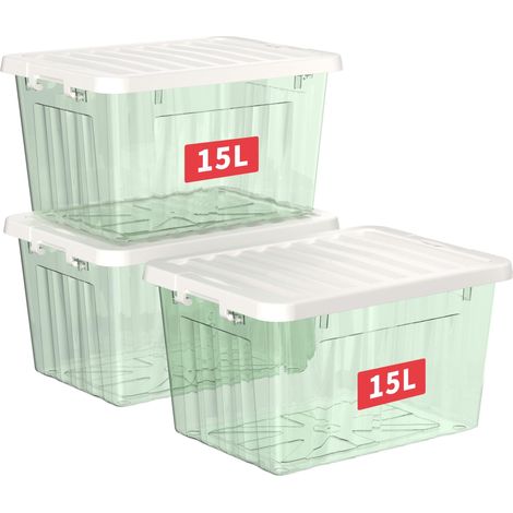 15L3 Boîtes de Rangement avec Couvercles, Boîte de Rangement en Plastique avec Fermetures à Clipser, Empilable, Encastrable, pour Placard de Bureau à Domicile, Vert Transparent, 15L, Lot de 3 (1/5)