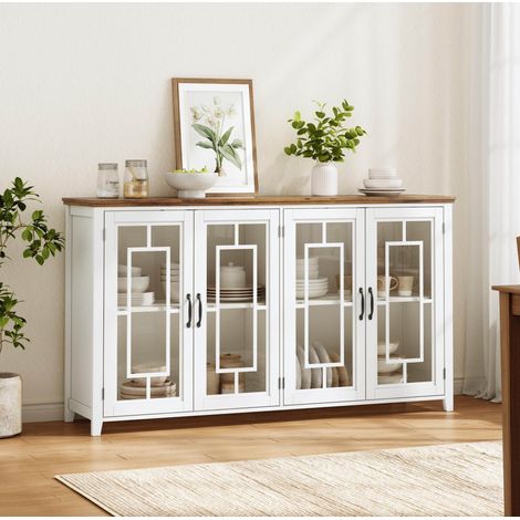 Credenza da cucina 160 cm bianca con ante in vetro e kit anti-ribaltamento DESVIAE (1/5)
