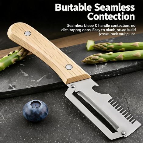 Éplucheur 2 en 1 Couteau Multifonction Cuisine Manche Bois Lame Extra Large Acier Inoxydable Râpe Décapsuleur Fruits Légumes Maison Camping